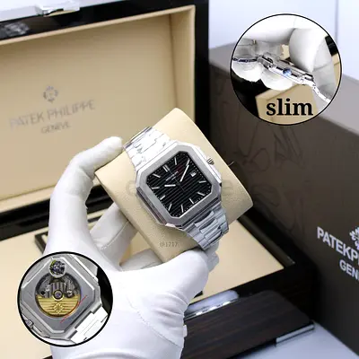 Patek Philippe style slim stainless steel wristwatch with black dial (boxed) supar mastar