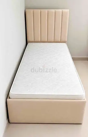 Brand New Upholstered Single Bed Frame with Mattress - Beige