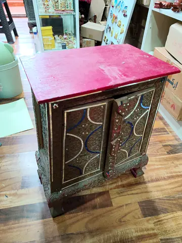 Small Hand-Painted Vintage Wooden Cabinet with Carved Doors 52*43cm