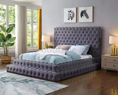 Grey Tufted King Size Upholstered Bed with Headboard