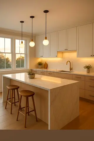 Modern Marble Kitchen Island with Stools and Pendant Lights