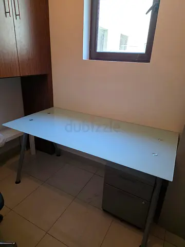 Glass Top Office Desk with Metal Legs and Under-desk Drawer Unit