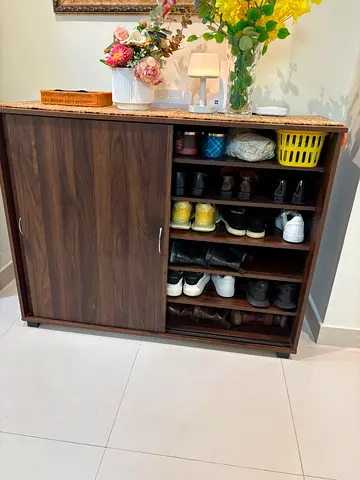 Dark Wood Shoe Cabinet with Sliding Doors - Good Condition