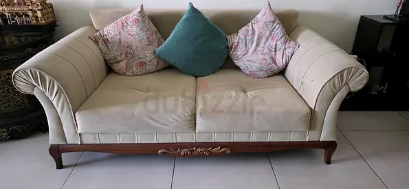 Cream Fabric 3-Seater Sofa with Wooden Trim - Good Condition