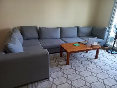 Grey L-shaped sectional sofa with plush cushions