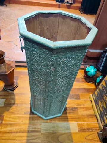 Vintage Hexagonal Carved Wooden Decorative Holder 69cm tall