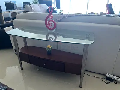 Home center Glass Top Console Table with Wooden Drawer and Metal Legs