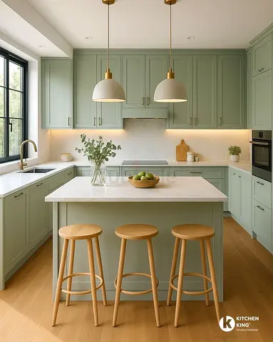 Light Green Shaker Style Kitchen with Island and Stools