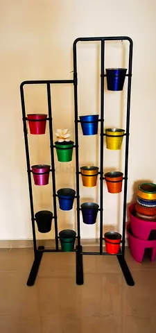 Vertical Metal standing plant pot rack with colorful hanging pots - set of 12
