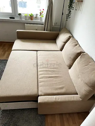 Beige L-Shaped Sofa Bed with Storage Good Condition