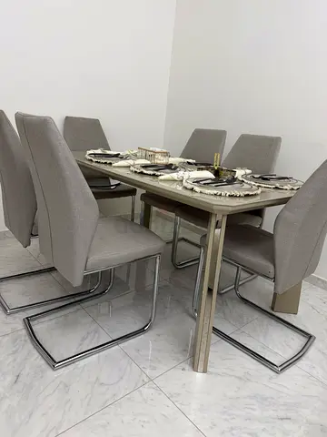 Modern 6-Seater Dining Set with Chrome C-Frame Chairs