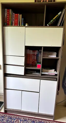 Open bookshelf with storage and drawer