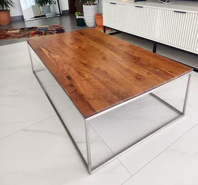 Crate  Barrel Solid Wood Top Coffee Table with Stainless Steel Frame - Modern Minimalist