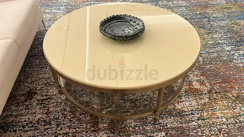 Round Beige Glass Top Coffee Table with Gold Frame