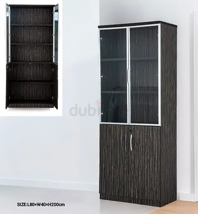 Tall Display Cabinet with Glass Doors - Dark Wood Finish (80x40x200cm)
