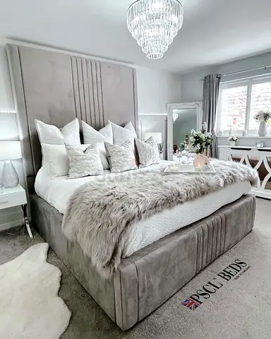 Grey Velvet King Size Bed Frame with Upholstered Headboard and Storage Base