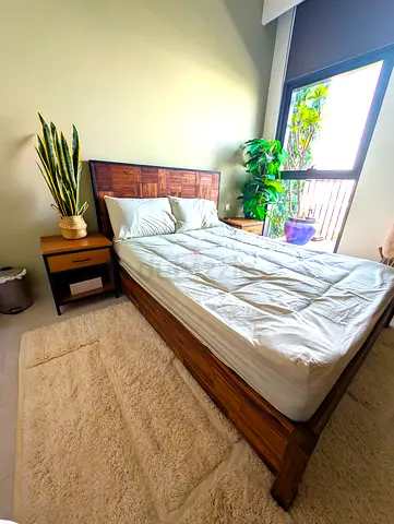 ⫸ *HOMES R US* Unused Wood Boho Double Bed Frame inc. Mattress  | RRP: 4200 AED