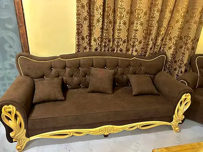 Brown Upholstered 3-Seater Sofa with Gold Carved Wooden Frame brand new pattern