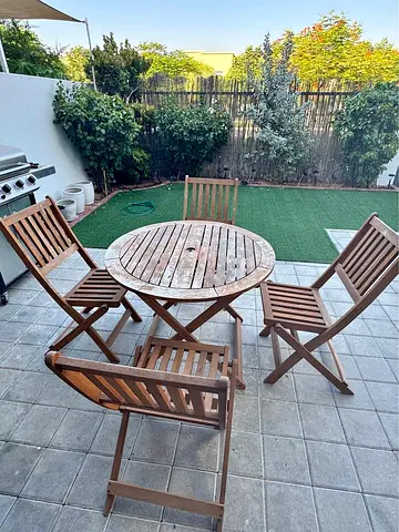 Outdoor wooden patio table and 4 folding chairs set
