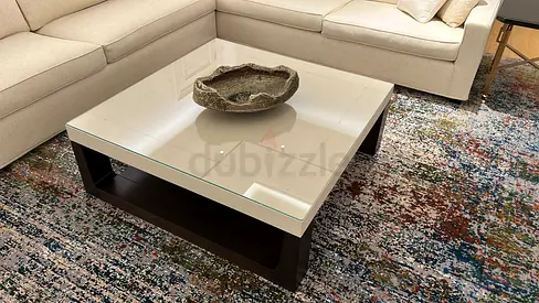 Glass-Top Square Coffee Table with Dark Wood Base