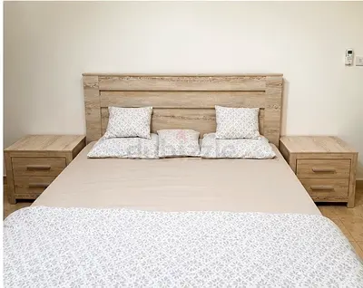 Used King Bed Frame and new mattress with Two Matching Nightstands - Light Wood