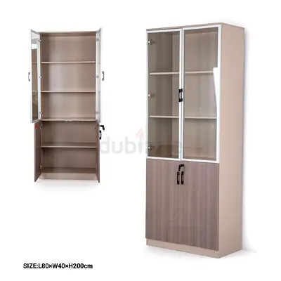 Tall Glass-Front Storage Cabinet with Lower Wooden Doors — 200cm H