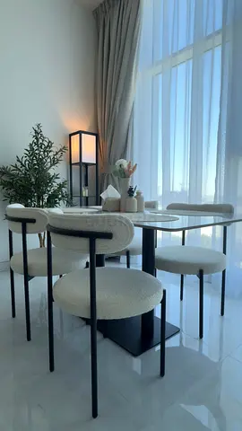 White Ceramic Dining Table + 4 Boucle Chairs