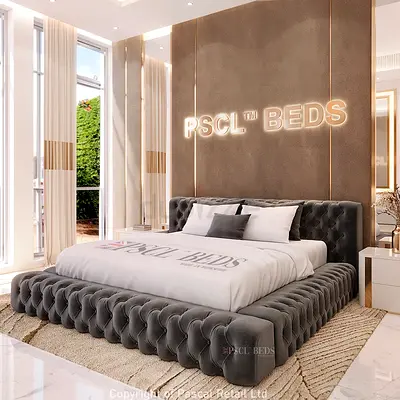 Low tufted velvet king bed with padded headboard - dark grey