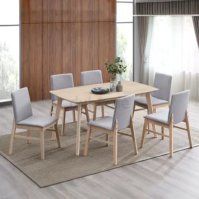 6-Seater Light Wood Dining Table with Upholstered Grey Chairs