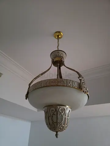 Antique-style hanging ceiling light / chandelier - white glass  brass detailing- 45 cm diameter