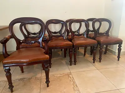 Set of 9 Antique-Style Wooden Dining Chairs with Leather Seats