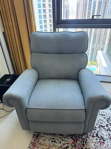 Light blue gray recliner with rolled arms - good condition