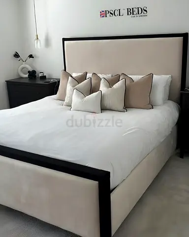 Upholstered King size Bed with Padded Headboard - Cream  Black