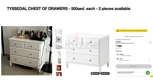 IKEA TYSSEDAL 3-Drawer Chest (White) - 2 pieces available