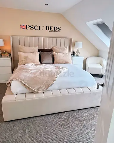 King Size Upholstered Bed Frame with Storage Bench - Light Beige