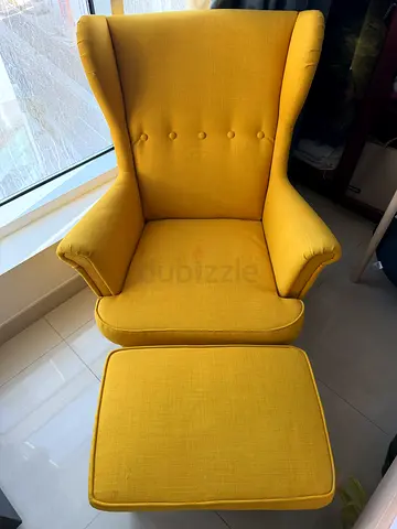 IKEA STRANDMON Wing Chair and Matching Footstool – Yellow (Excellent Condition)
