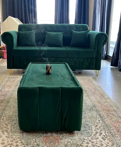 Green Velvet 3-Seater Sofa with Matching Ottoman