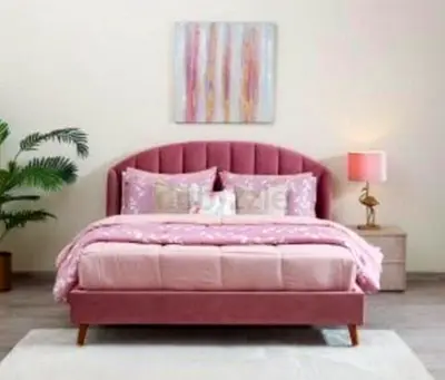Pink Velvet Double Bed with Curved Headboard  mattress - Good Condition