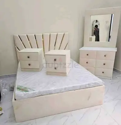 White Upholstered Double Bed with Headboard, Mattress and Matching Drawers  Dresser