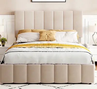 King Size Upholstered Bed with Padded Headboard - Beige