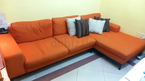 Orange L-shaped Fabric Sofa with Chaise - Good Condition