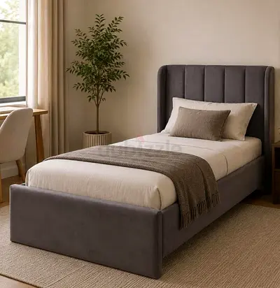 Comfortable Single upholstered bed frame with padded headboard (grey)