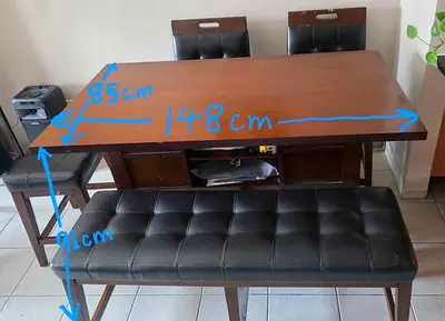 Wooden dining table with 1 stool, 1 bench and 2 chairs - compact 148cm