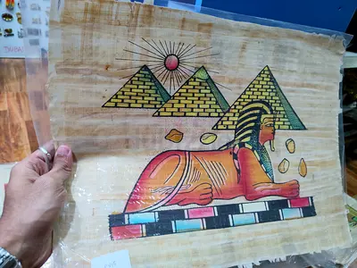 Hand-painted Egyptian Papyrus Print with Sphinx and Pyramids 44*33cm
