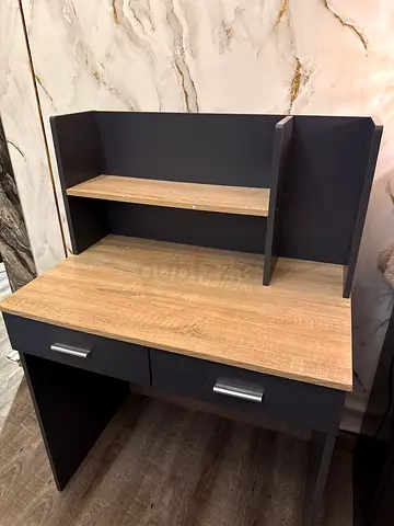 Compact Study Desk with Shelves and Drawers - Oak Top, Black Frame