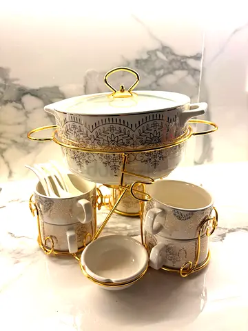 Porcelain Fondue/Hot Pot Set with Gold Stand and Cups - Like New