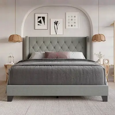 Ligh gray wingback super king bed frame