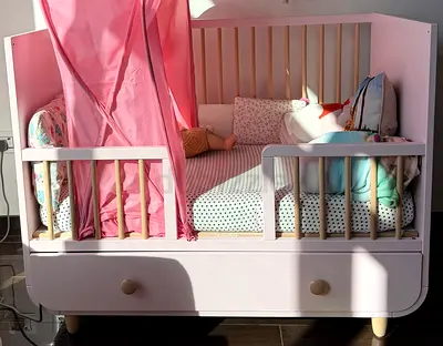 Two IKEA Convertible Pink Baby Crib with Storage Drawer (2 cribs for twins) with changing table