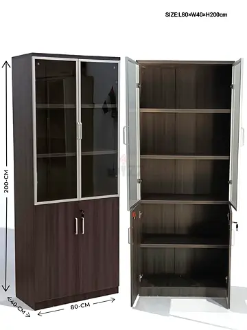 Tall Wooden Storage Cabinet with Glass Doors - 4 Shelves, Lockable