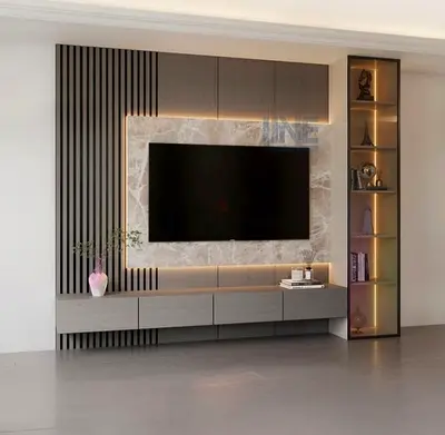 Modern wall-mounted entertainment center with LED backlit marble panel and display shelving
